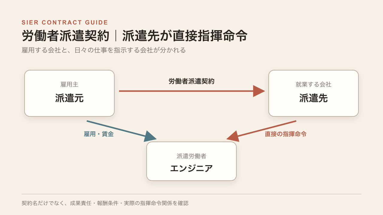 労働者派遣契約の関係図。派遣元がエンジニアを雇用して賃金を払い、派遣先がエンジニアへ直接指揮命令する
